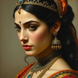 clothed in blouse, tiara, necklace, earrings. close - up face portrait painting of a mahabharata princess, by boris vallejo