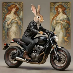 a painting of a bunny wearing a leather jacket, riding a motorcycle, elegant, highly detailed, digital painting, artstation, concept art, matte, sharp focus, highly detailed, 4 k, hdr, smooth, sharp focus, high resolution, award - winning photo, photorealistic, art by artgerm and greg rutkowski and alphonse mucha, large shot