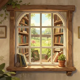 cottagecore interior window nook with library shelves, digital painting, fantasyillustration, deviantart