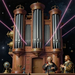 pipe organ in space, with laser pipes, steampunk, painterly, offset printing technique, by walter popp, alexandre cabanel, vincent di fate