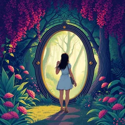 woman discovers a mirror portal in her garden. the dimensional gateway leads to a mystical forest, pixiv fanbox, dramatic lighting, maximalist pastel color palette, splatter paint, pixar and disney concept, graphic novel by fiona and dustin nguyen, peter elson, alan bean, wangechi mutu, clean cel shaded vector art, on artstation