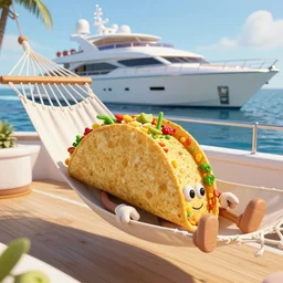 A Mexican taco character with a face lying on a hammock over a luxury yacht, realistic digital art, hyper-detailed