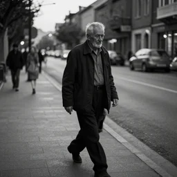 old man walking streets at dusk, black and white, fine detail, photograhpic