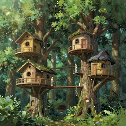 concept art painting of treehouses made out of trees, walkways between trees, trees with doors and windows in a deep forest, realistic, detailed, cel shaded, in the style of makoto shinkai and greg rutkowski and james gurney