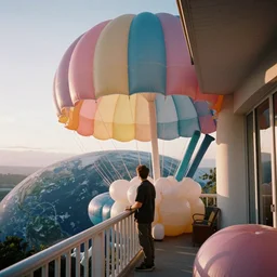 a grainy film photograph pov holiday maker on balcony in dream state alien world. abstract architecture. pastel coloured inflatable parachute furniture. planet earth visible. ambient light. refraction. sunrise.