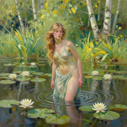 painting of a beautiful nymph wading knee height in a shallow pond, obscured by water lilies, aspen grove in the background, by Jeremy Mann, stylized, detailed, loose brush strokes, pastel colors, green and yellow tones