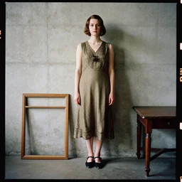kodak portra 4 0 0, 8 k, highly detailed, britt marling style, award winning colour still - life portrait of a concrete wall with a wooden pictureframe and a table on the floor, 1 9 2 0 s style