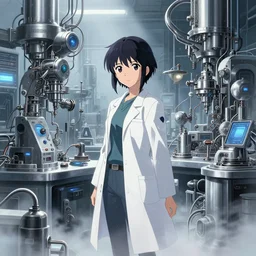 in the hightech laboratory full of different advanced metal equipments very high details, volumetric fog, raytracing anime style girl in labcoat, fantastic details, anime art, trending on artstation, pixiv, makoto shinkai key visual kyoto animation