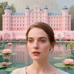 cinematic mid shot of a high detail, woman's face looking off camera. fine facial features. she stands in an empty, pastel colourful 3 d, water lilly swamp, by jeffrey smart and gregory crewdson and edward hopper, inspired by the grand budapest hotel