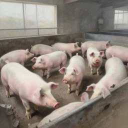 a pig farm, airbrush painting, desaturated,