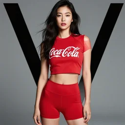 suzu Hirose wearing crop red Coca Cola gym top with white Lettering, cropped red yoga short, V Magazine editorial by Mario Testino, masterwork