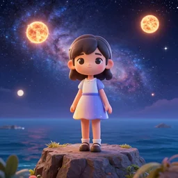 cute young women in a dress is standing on a cliff, but instead of a sea, you can see a galaxy with thousands of stars and suns, unreal engine 5, evolve render 3D, cinema 4D