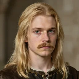 half - length portrait of a 1 5 - year - old human male noble with long blonde hair and green eyes, mustache, no beard, medieval setting, detailed face, highly detailed, artstation, concept art, sharp focus, by greg rutkowski, craig mullins, artgerm