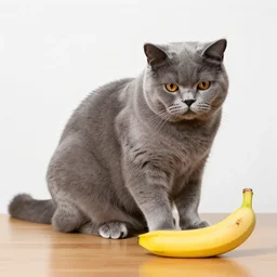 a Fat British all grey cat looking at banana sitting on a wooden table