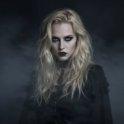 modeling photograph kerli koiv, blonde, beautiful, dark, mysterious, bubble goth, detailed face, half body shot, fog dramatic