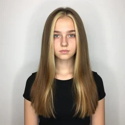 brunette with dyed blonde hair, 18 years old, 155 cm tall, flat ironed hair, green big eyes, small nose, small mouth, diamond shaped face, big forehead, lop eared, full body shot, photorealistic