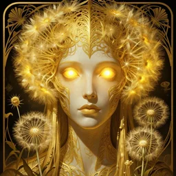 dandelion humanoid monster, sci fi, glowing eyes, volumetric lights, gold theme, art nouveau botanicals, intricate, highly detailed, digital painting, artstation, concept art, smooth, sharp focus, cinematic, illustration, beautiful face, art by h. r. giger and greg rutkowski and alphonse mucha, kentaro miura
