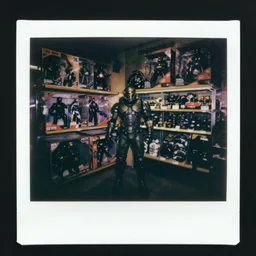 a dark gift shop with section of master chief toy boxes. 3 5 mm f / 2. 8 macro lens. creepy dark polaroid. ai upscaled. sharpen details. eliminate blurring. - w 6 4 0