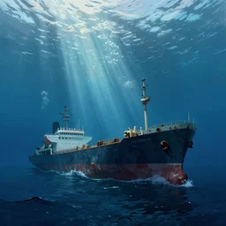 a shipwreck on the seafloor in the depths of the ocean, volumetric sun rays, atmospheric immersive painting