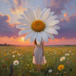 giant daisy flower as head, frontal, girl standing in a flower field, surreal photography, sunrise, dramatic light, impressionist painting, colorful clouds, digital painting, artstation, simon stalenhag