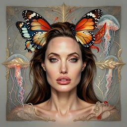 Angelina Jolie looking dazed with jellyfish butterfly phoenix head, intricate artwork by Tooth Wu and WLOP, coherent symmetrical artwork, cinematic