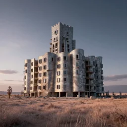 a beautiful photorealistic rendering of city nature architecture urbex unfinished building castle by frank gehry, myst infrared nightvision apocalyptic at dusk desert meadow, archdaily, wallpaper, highly detailed, trending on artstation.