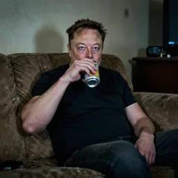 sad bald poor elon musk drinking a can of beer in the couch while watching tv in a dirty house