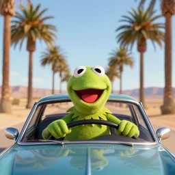 kermit driving a car, wlop, palm trees, desert, cinematic lighting, hyperdetailed, 8 k realistic, symmetrical, global illumination, radiant light,, frostbite 3 engine, cryengine, dof, trending on artstation, digital art, chanel