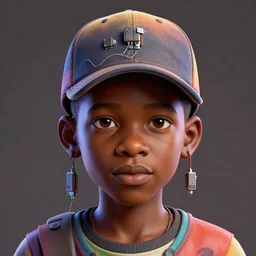 colourful caricature - 3 d vfx art - portrait of a nigerian boy wearing a baseball cap with wires and computer chips dangling from inside, art style by james jean & hsiao - ron cheng, character concept art, unreal engine render, digital illustration, sharp, intricate detail, volumetric light, ray tracing, soft light, symmetric, pinterest, artstation, behance,