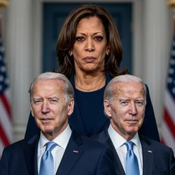 ultra realistic photo of joe biden with kamala harris menacingly standing behind him with glowing red eyes