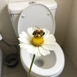 flower in toilet with bee