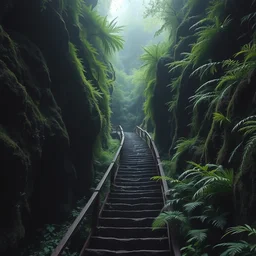 fern canyon gorge in oregon, stone stairway, overgrown lush plants, atmospheric, cinematic, by studio ghibli