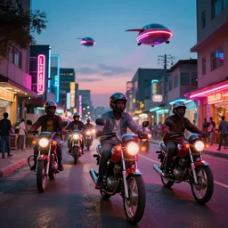 a neon lit - african urban street with motorcycles & flying vehicles,