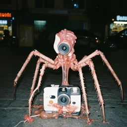 1 9 9 5, disposable polaroid camera, flash at night, pov, saigon street square, female : creature, many legs, standing, meat, ooze, slime, veins, wet