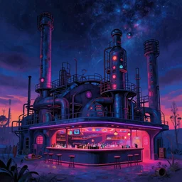 industrial architecture by paul cezanne, cosmic neon noir gem cyberpunk at spring water laser apocalyptic magic realism nightsky at dawn scumm bar, archdaily, wallpaper, highly detailed, trending on artstation.