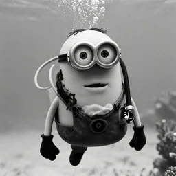 old creepy black and white photograph of a minion in deep sea diving gear
