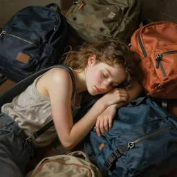 a girl peacefully covered in a pile of backpacks
