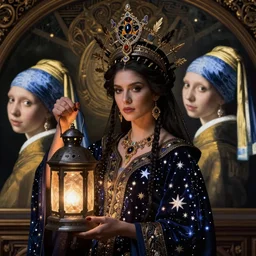 queen of the darkness with her lantern and her stars, by Annie Swynnerton and Nicholas Roerich and Vermeer, strong dramatic cinematic lighting , ornate headdress ,  lost civilizations, smooth, sharp focus, extremely detailed