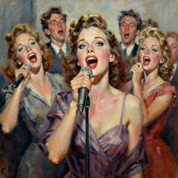highly detailed expressionist oil painting of singing female vocalist group, promotion image, 4 0 s, from comedy movie, intricate, fictional character, dynamic pose, top lighting, realistic shaded, expressively loose brush strokes, impasto, 8 k realistic, hyper detailed, hyper detailed eyes, top lighting, art by norman rockwell