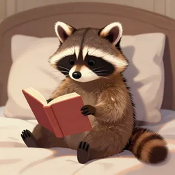 an anthro raccoon reading on their bed