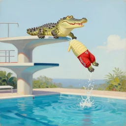 scene at the 1 0 m tower of a swimming pool. a happy crocodile wearing red swimming pants is jumping into the swimming pool from the 1 0 m high tower platform, oil painting