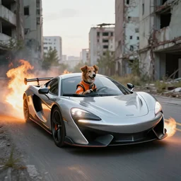 Dog driving a sports car, race suit, flames, machine guns, abandoned city
