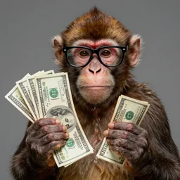 Monkey wearing cool glasses and holding dollars, photo, 8k