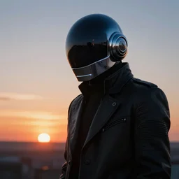 daft punk looking at the horizon, sunset, photorealistic, 8k,