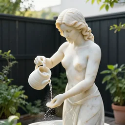 a marble sculpture of a blonde woman with medium wavy hair watering plants in the morning, summer, terrace, black fences, beautiful, volumetric lighting, detailed, delicate, by emmanuel shiu