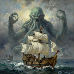 a pirate ship heading towards a giant cthulhu, by Ivan Aivazovsky, featured on artstation