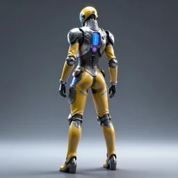 futuristic warrior with latex and steel details, with his back to the viewer, futuristic space suite with neon elements, back light, full body view, 8 k, 3 d render, cinematic lighting