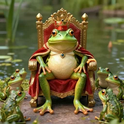 a photorealistic frog king sitting on a throne, surrounded by frog servants next on the side of the pond