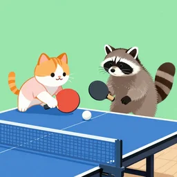a cat and a raccoon playing table tennis together, digital illustration