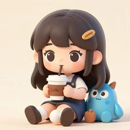 Chibi rendition of an Egirl that loves coffee, has a Coffeemonster as an imaginary friend, has purple hair, wears glasses, there is a banner that says 'Zawesomesauce